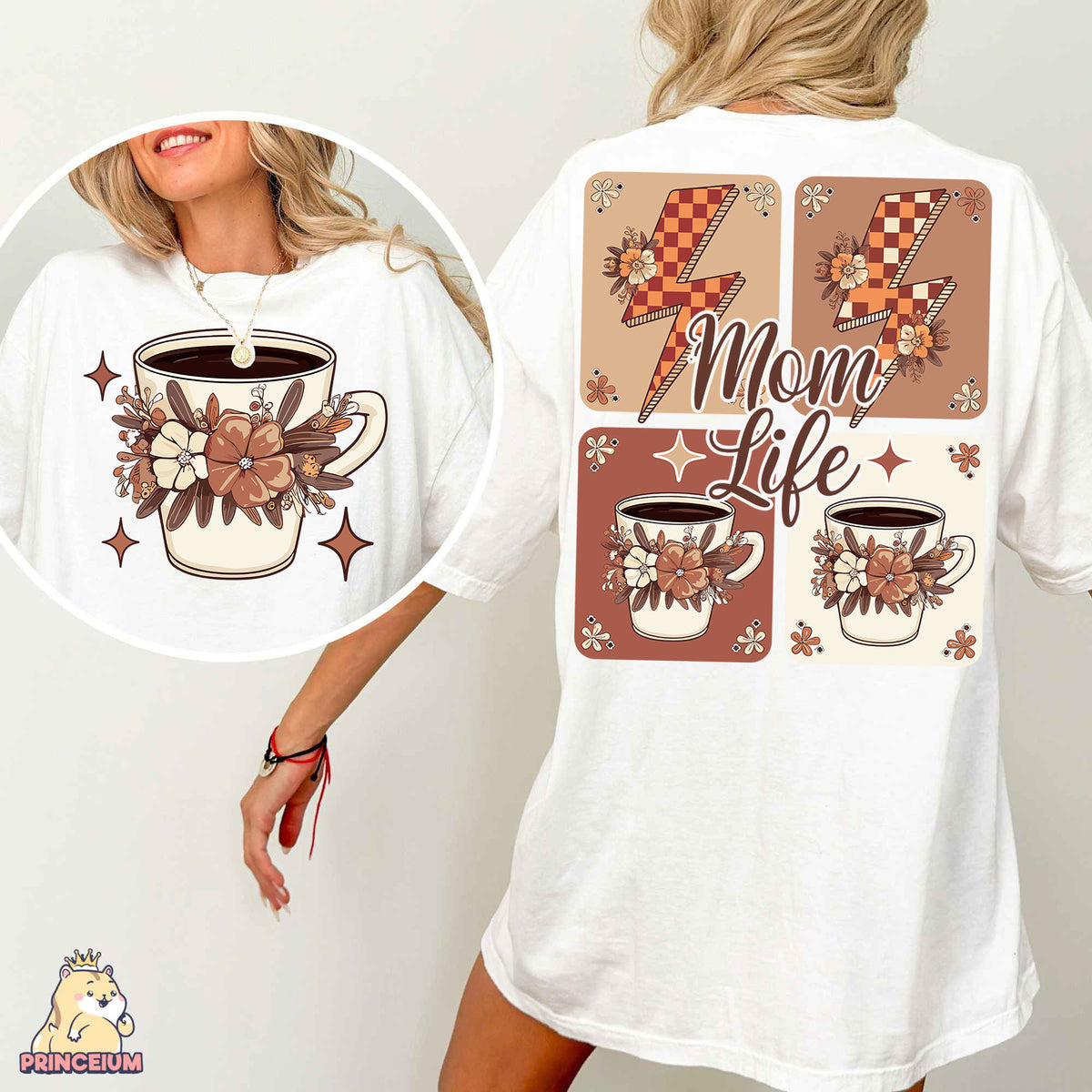 a woman wearing a mom life t - shirt with coffee cups on it