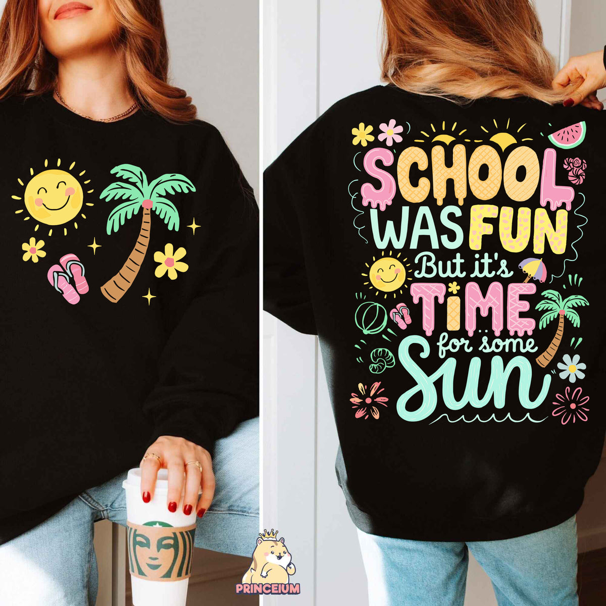 a woman wearing a black sweatshirt that says school was fun but it's time