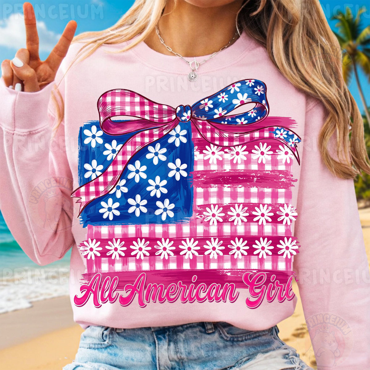 All American Girl Sublimation Design PNG | Patriotic Gingham Flag with Bow Digital Download