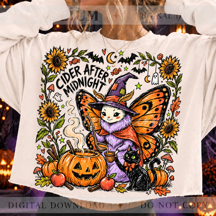 Cider After Midnight Halloween PNG – Butterfly Witch & Black Cat Design | Digital Download