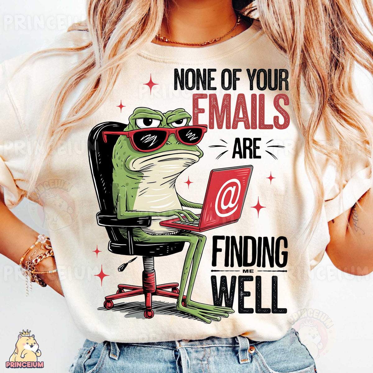 a woman wearing a t - shirt that says none of your emails are finding well