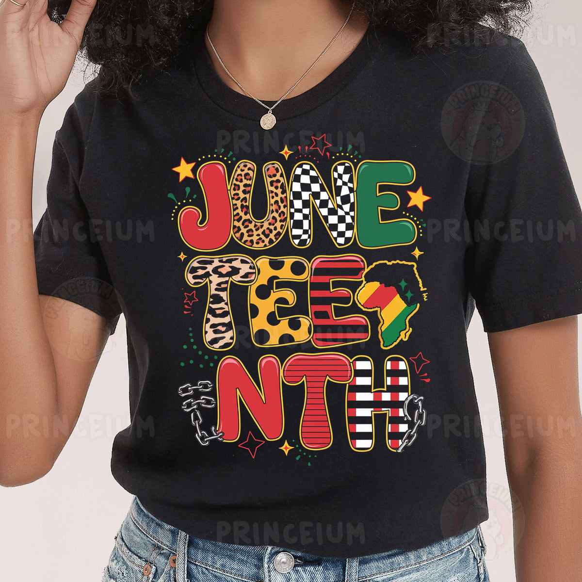 a woman wearing a black t - shirt that says june the 13th