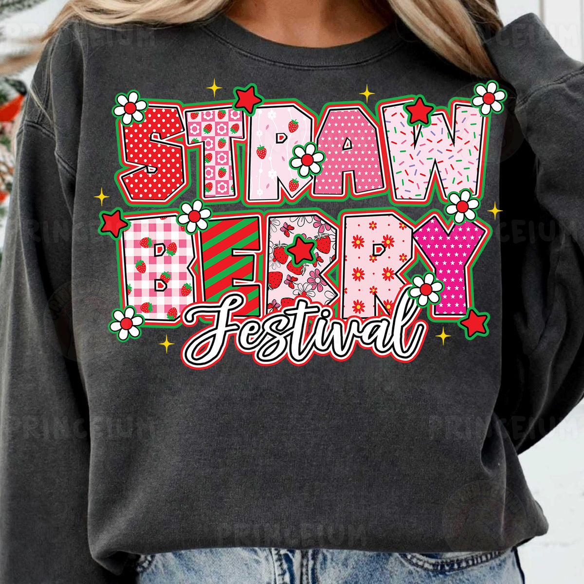 a woman wearing a gray crew neck sweatshirt with the words raw raw raw raw raw