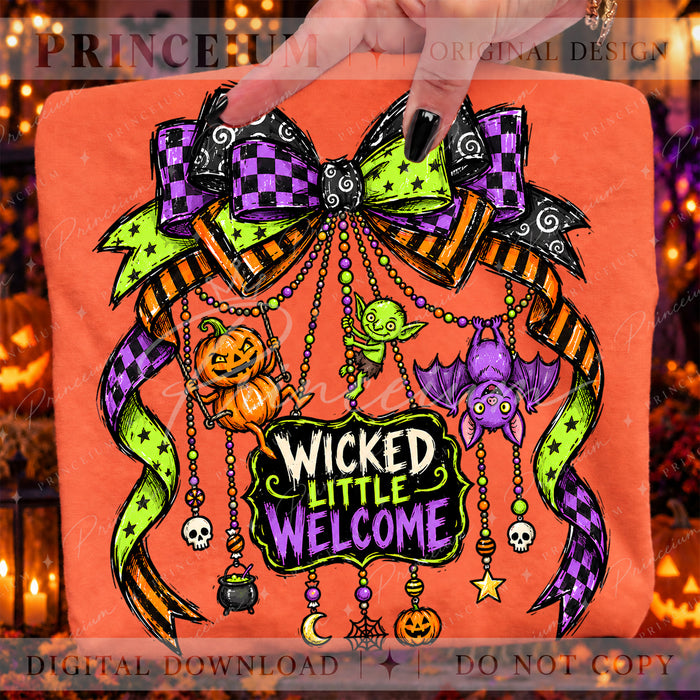 Wicked Little Welcome Halloween PNG – Spooky Bow & Charms Design | Digital Download
