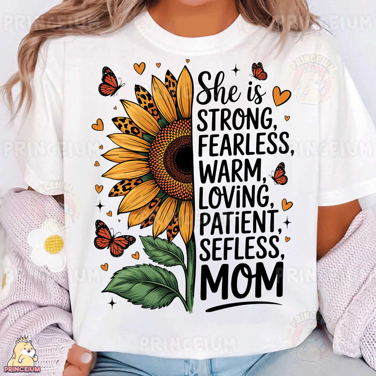 a woman wearing a t - shirt that says she is strong, fearless, warm