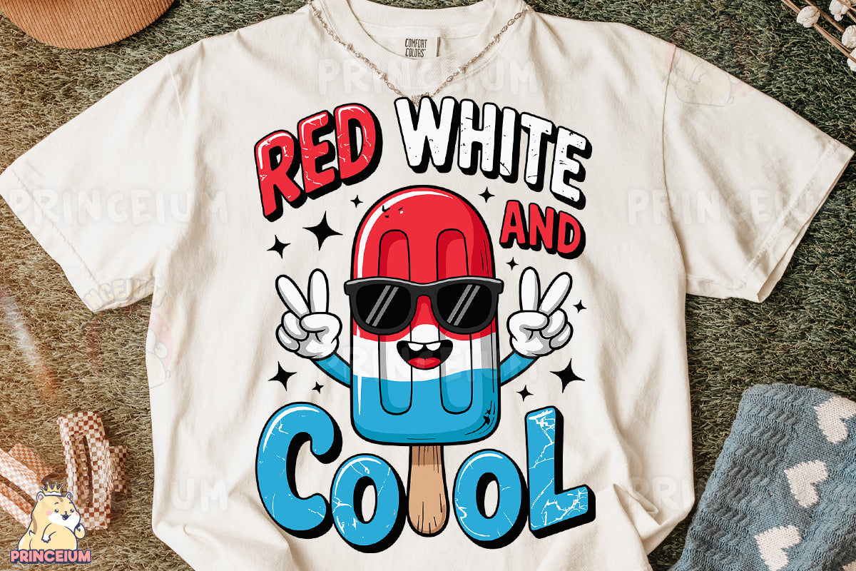 a white shirt with a red, white and blue design on it