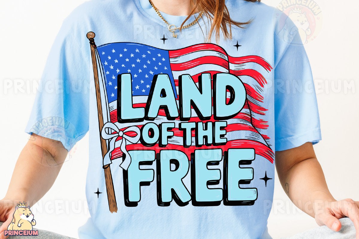 a woman wearing a t - shirt that says land of the free