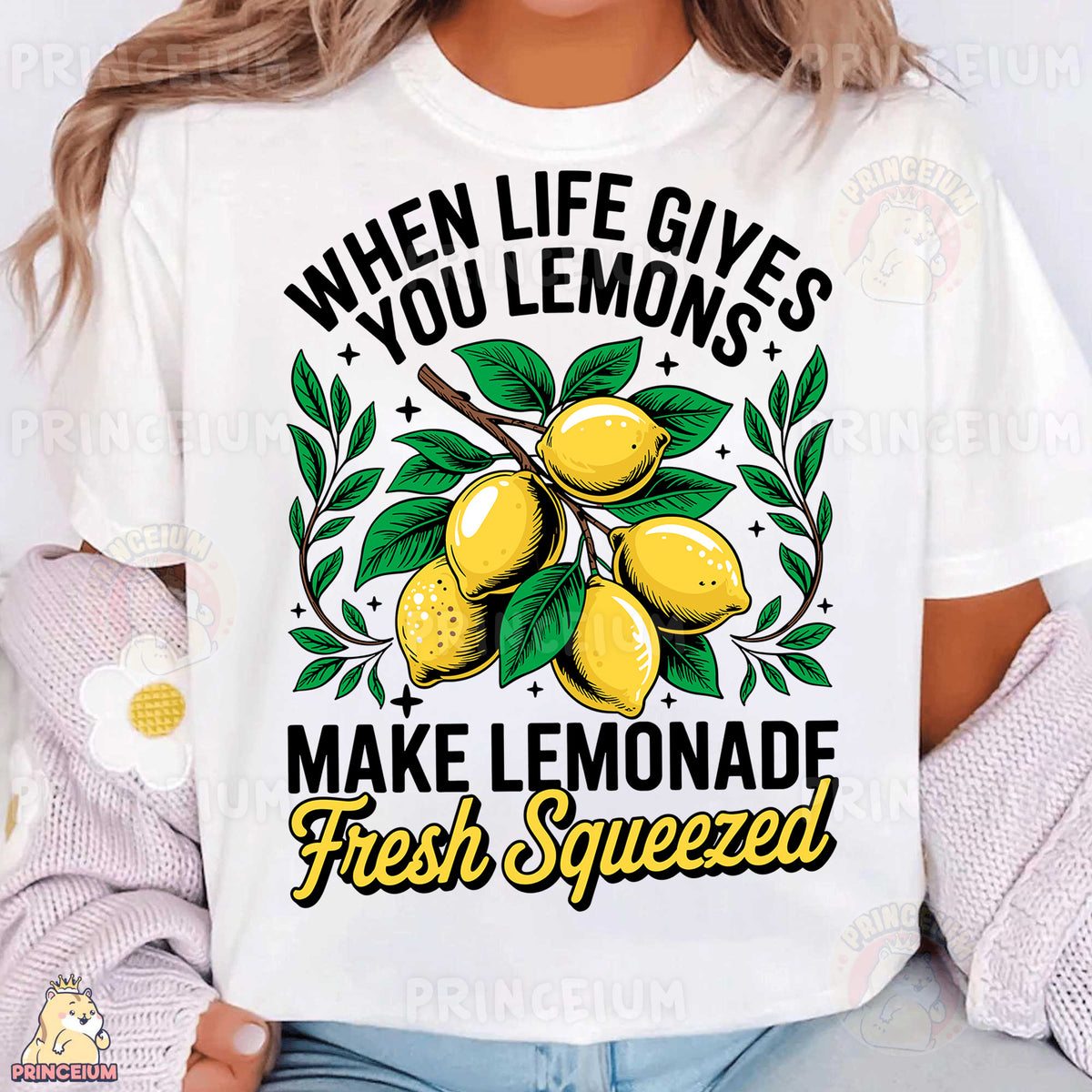 a woman wearing a t - shirt that says when life gives you lemons make
