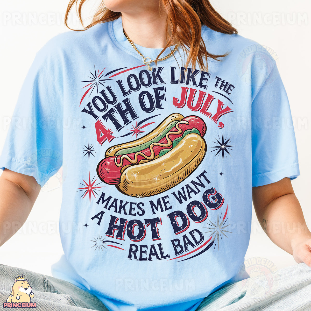 a woman wearing a t - shirt that says you look like the 4th of july