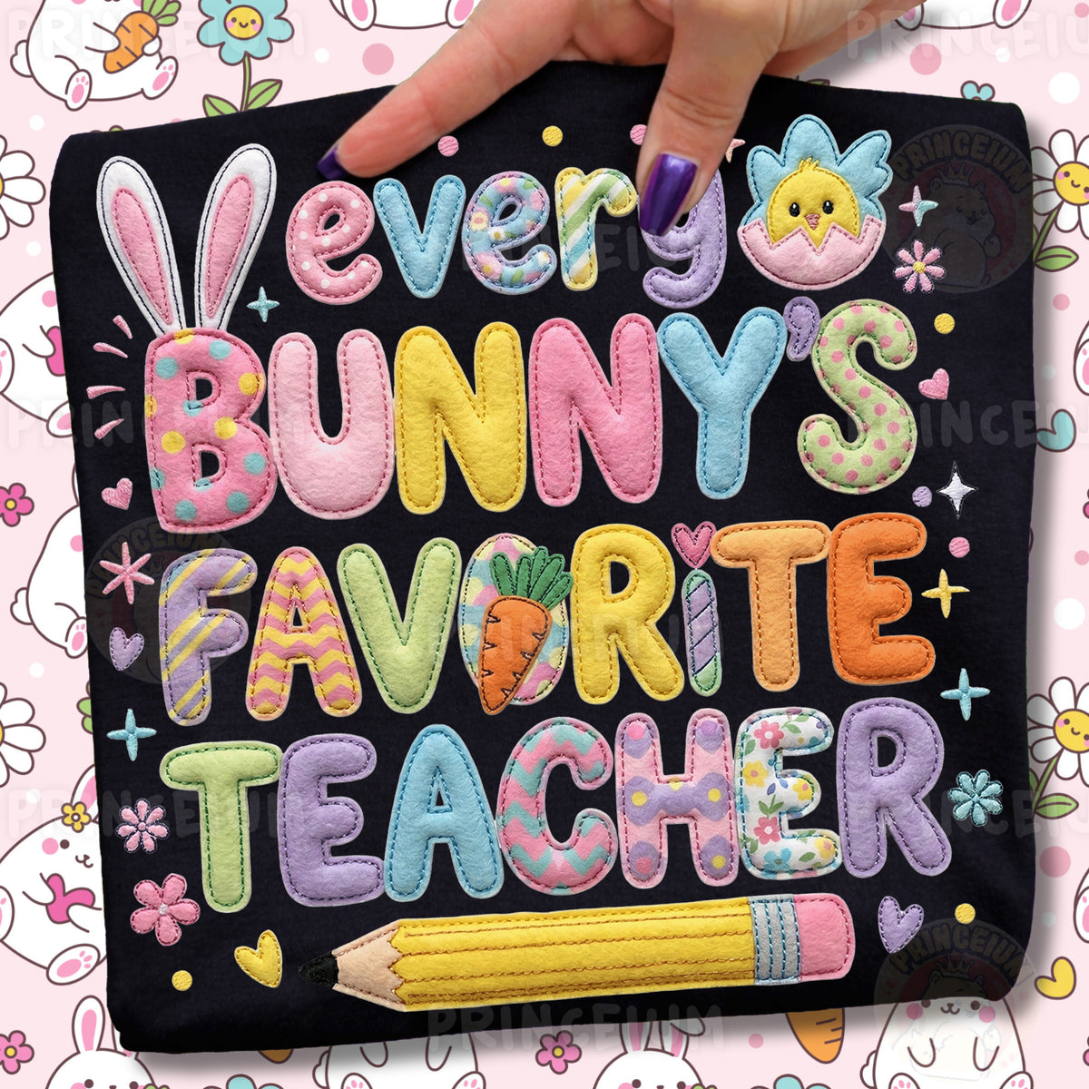 Every Bunny’s Favorite Teacher PNG, Cute Easter Bunny School Quote, Patchwork Spring Clipart Design
