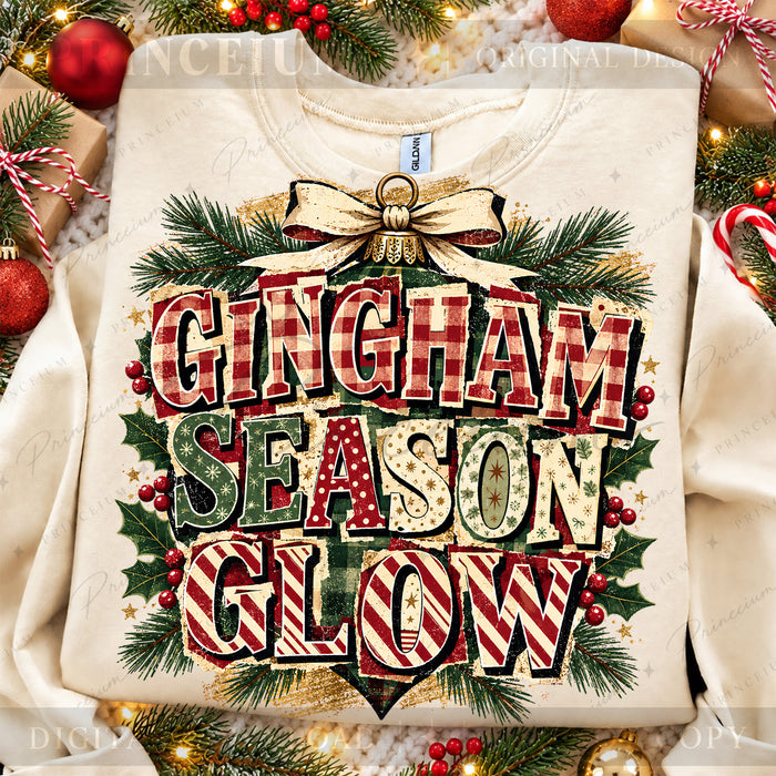 Gingham Season Glow Christmas PNG Plaid Lettering & Bow Vintage Holiday Design