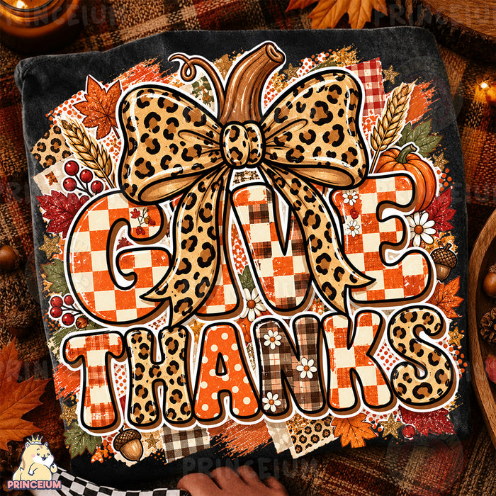 Give Thanks PNG Leopard Bow & Checkered Lettering Thanksgiving Design
