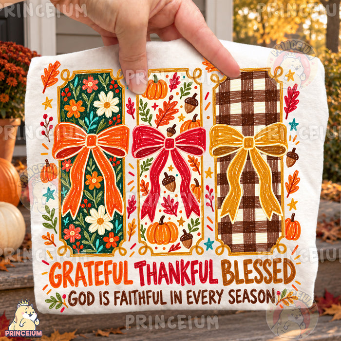 Grateful Thankful Blessed PNG Crayon Fall Bows Christian Thanksgiving Design