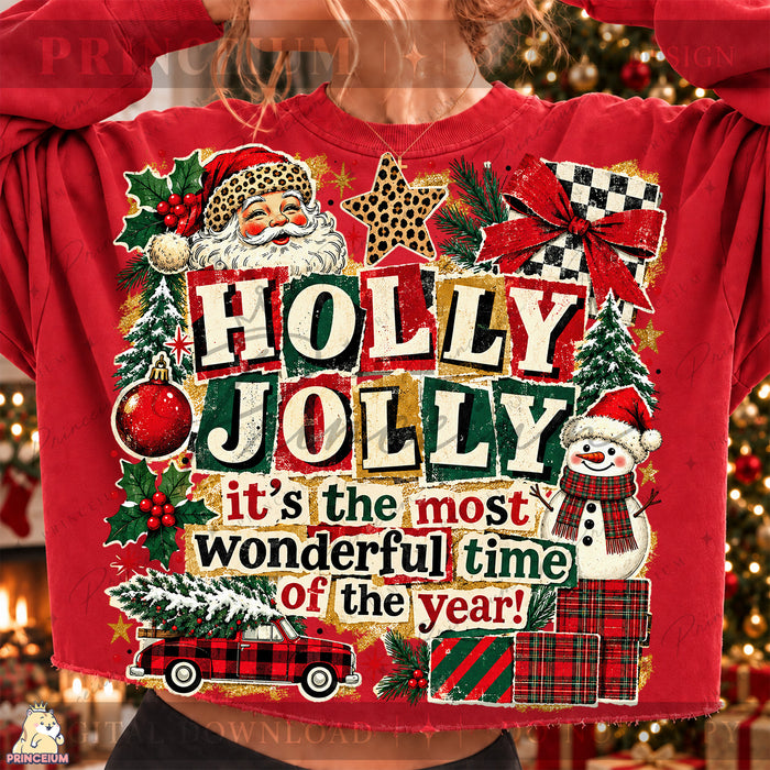 Holly Jolly Christmas PNG Santa & Snowman Vintage Holiday Design