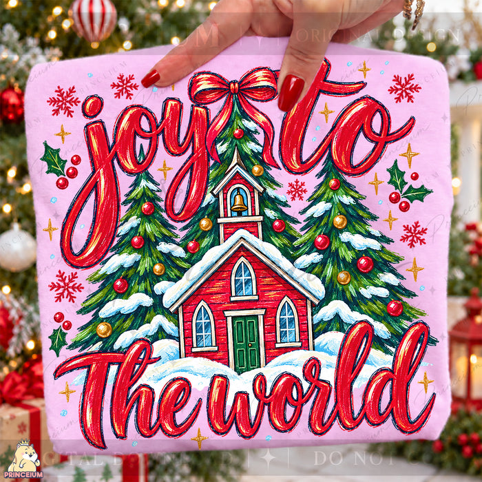Joy to the World Christmas PNG Snowy Church & Trees Christian Holiday Design