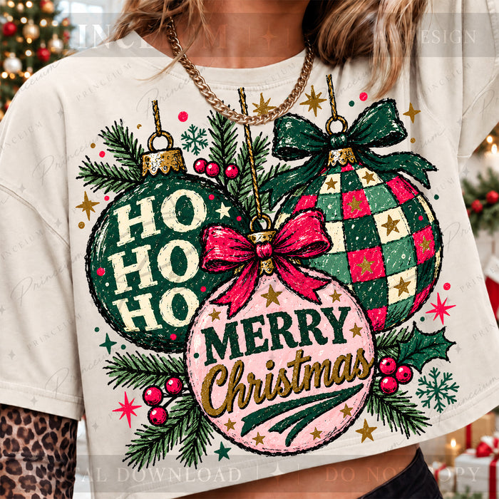 Merry Christmas PNG Checkered Ornaments & Bows Vintage Holiday Design