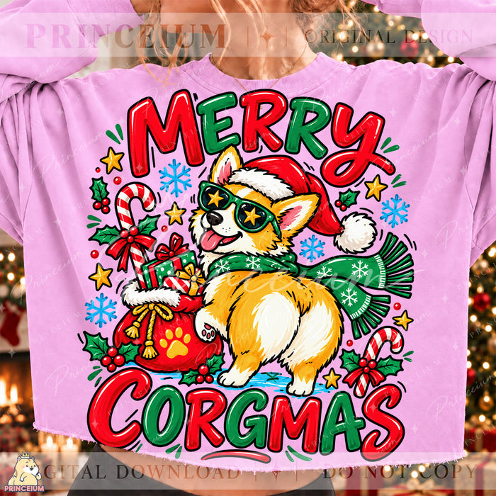 Merry Corgmas Christmas PNG Corgi in Santa Hat Funny Holiday Design