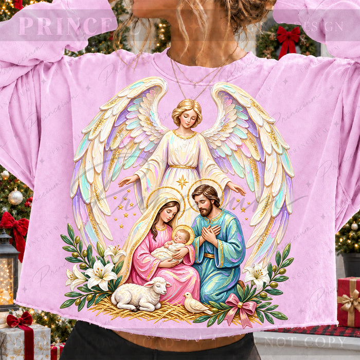 Nativity Christmas PNG Holy Family & Angel Pastel Christian Holiday Design