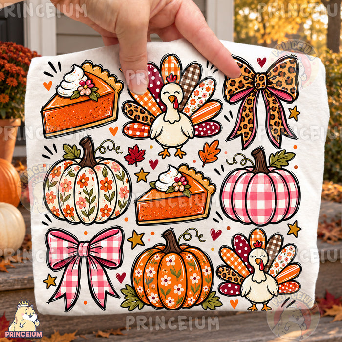Thanksgiving Turkey & Pumpkin PNG Preppy Bows and Pie Design