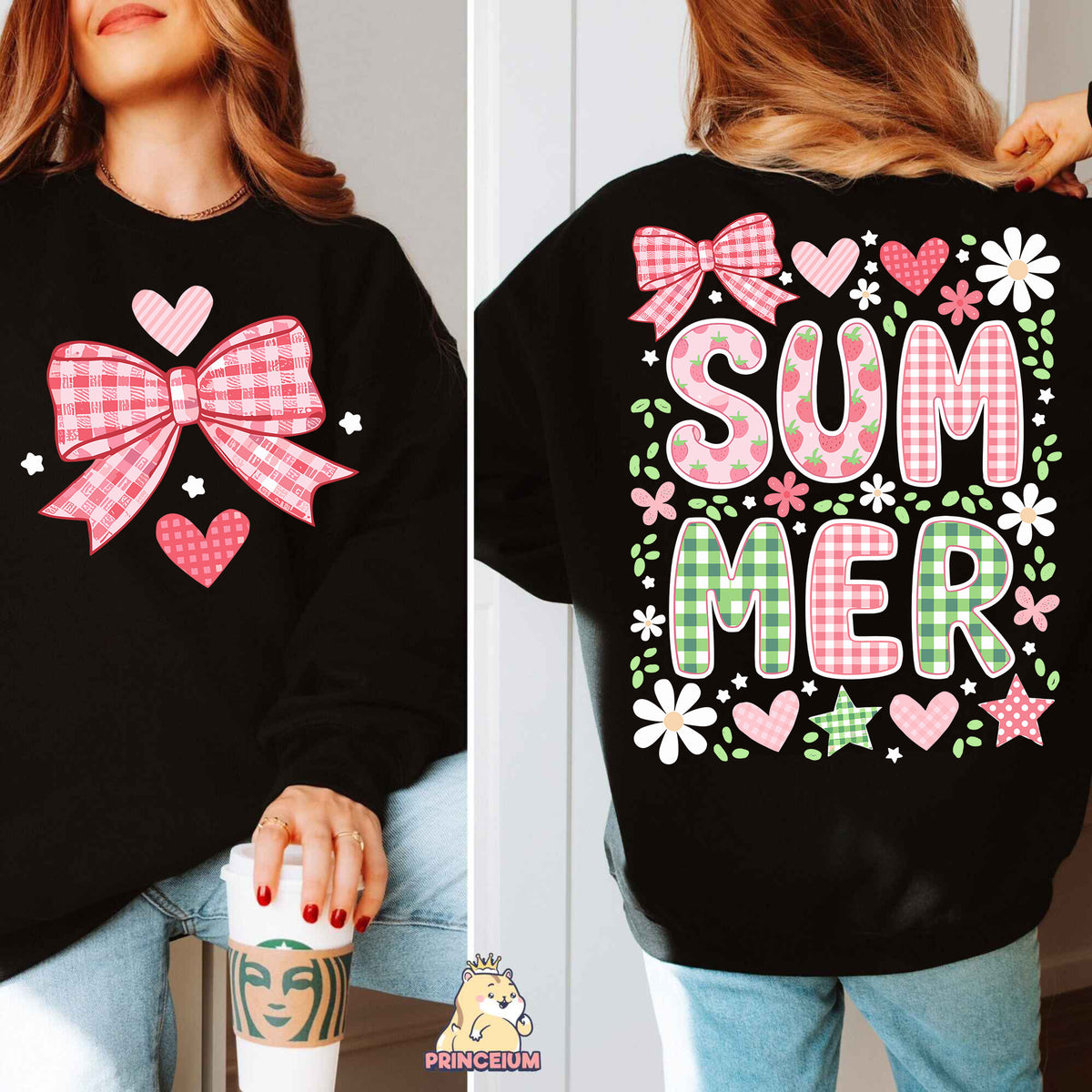 a woman wearing a black sweatshirt with a pink bow