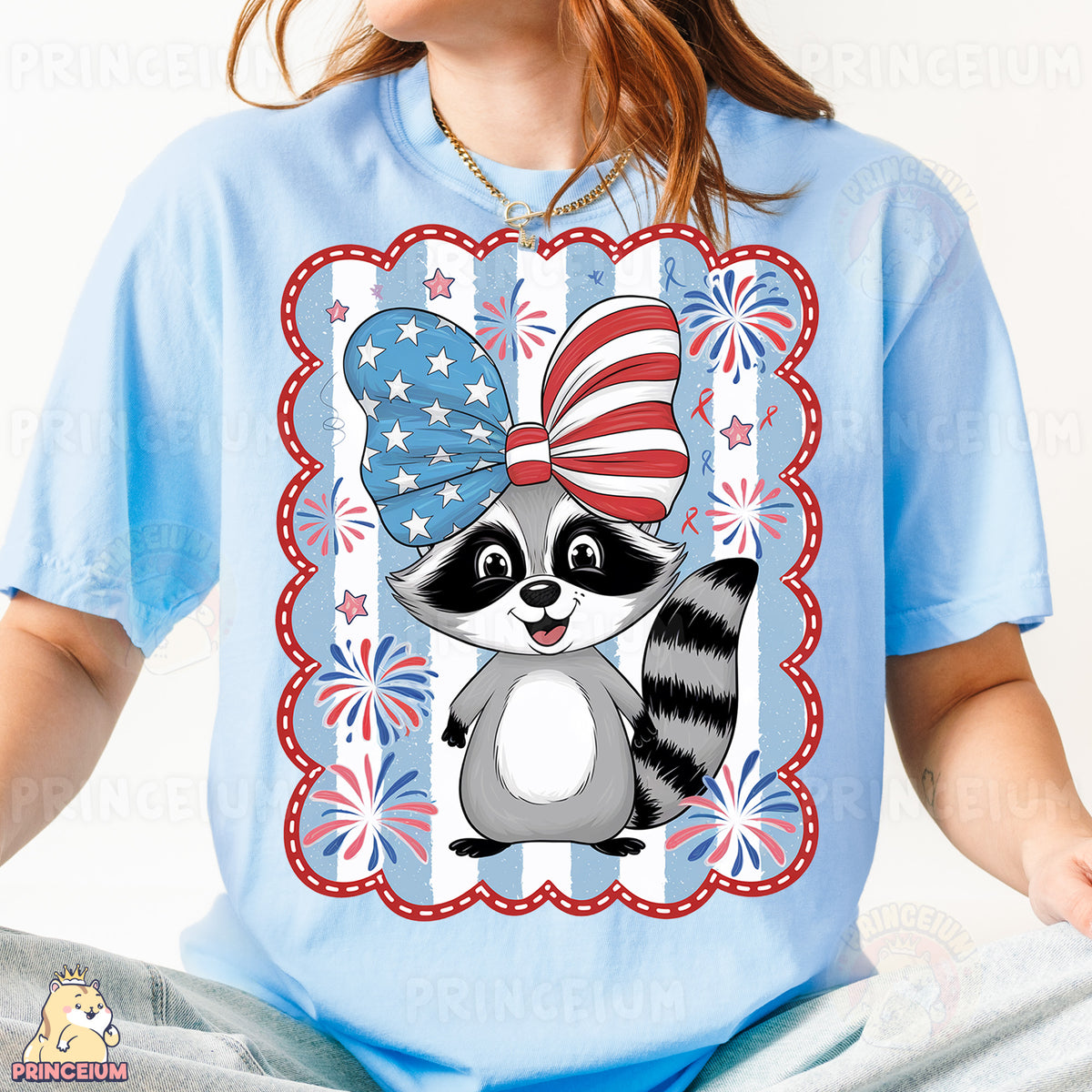 a girl wearing a blue shirt with a raccoon wearing a red, white