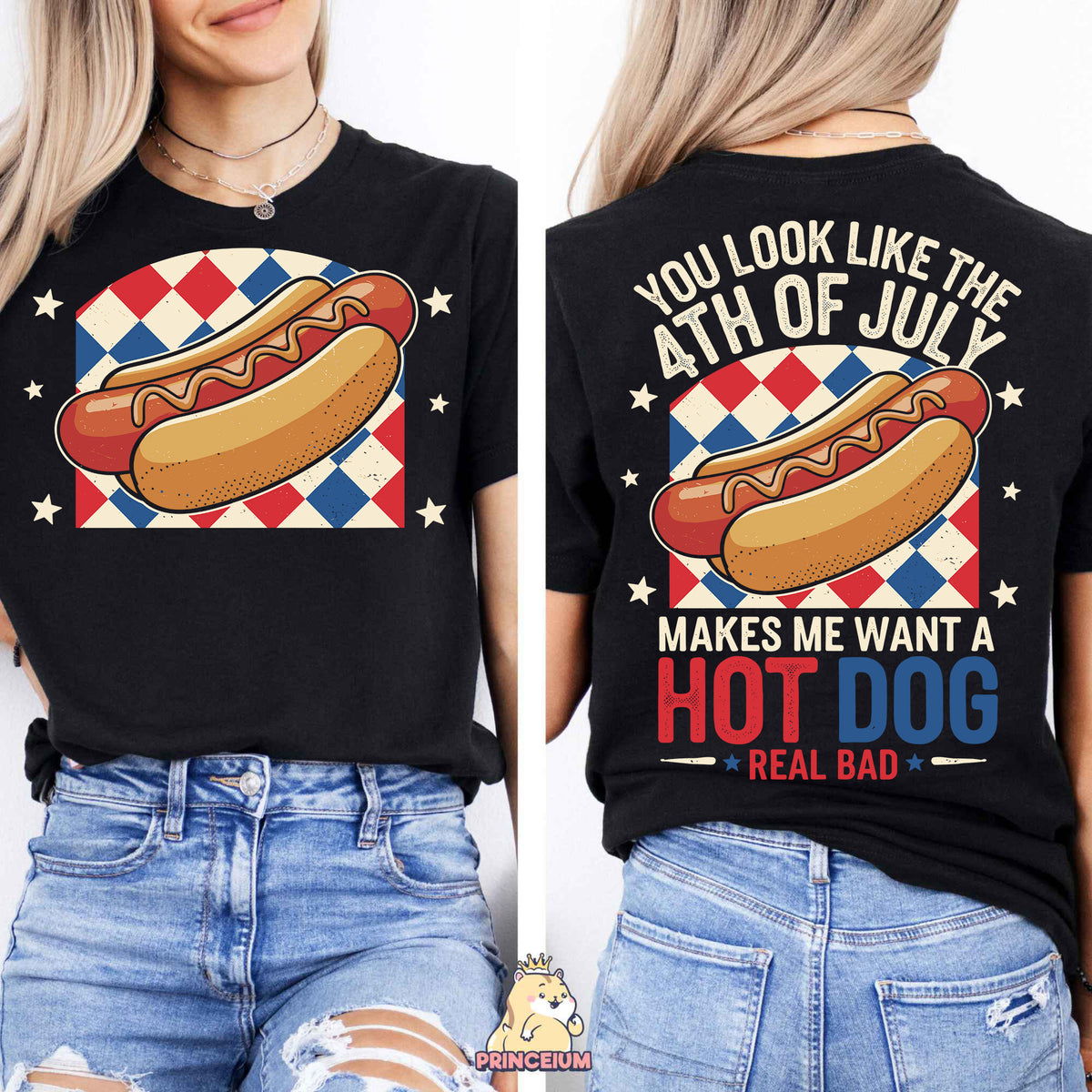 a woman wearing a black shirt with a hot dog on it