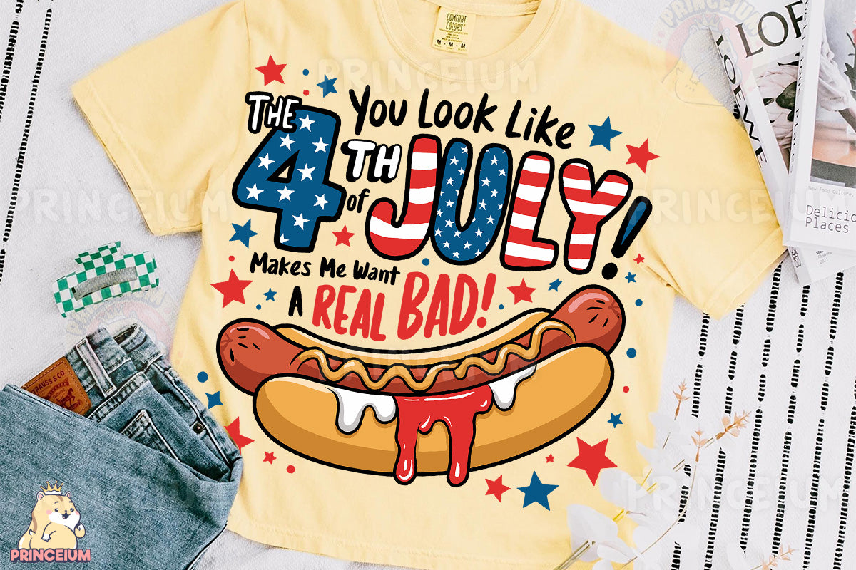 a yellow shirt with a hot dog on it