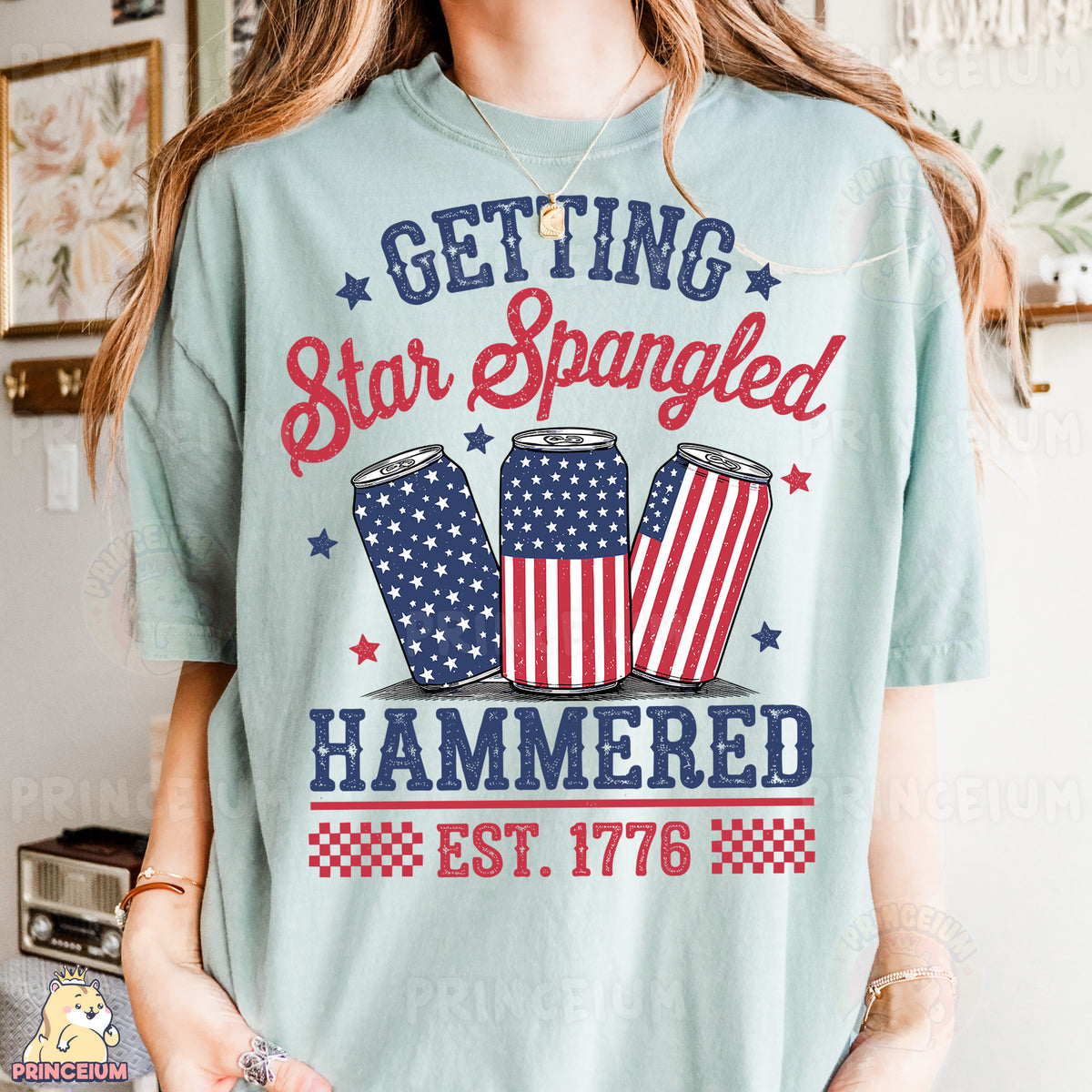 a woman wearing a t - shirt that says getting star spangled hammered
