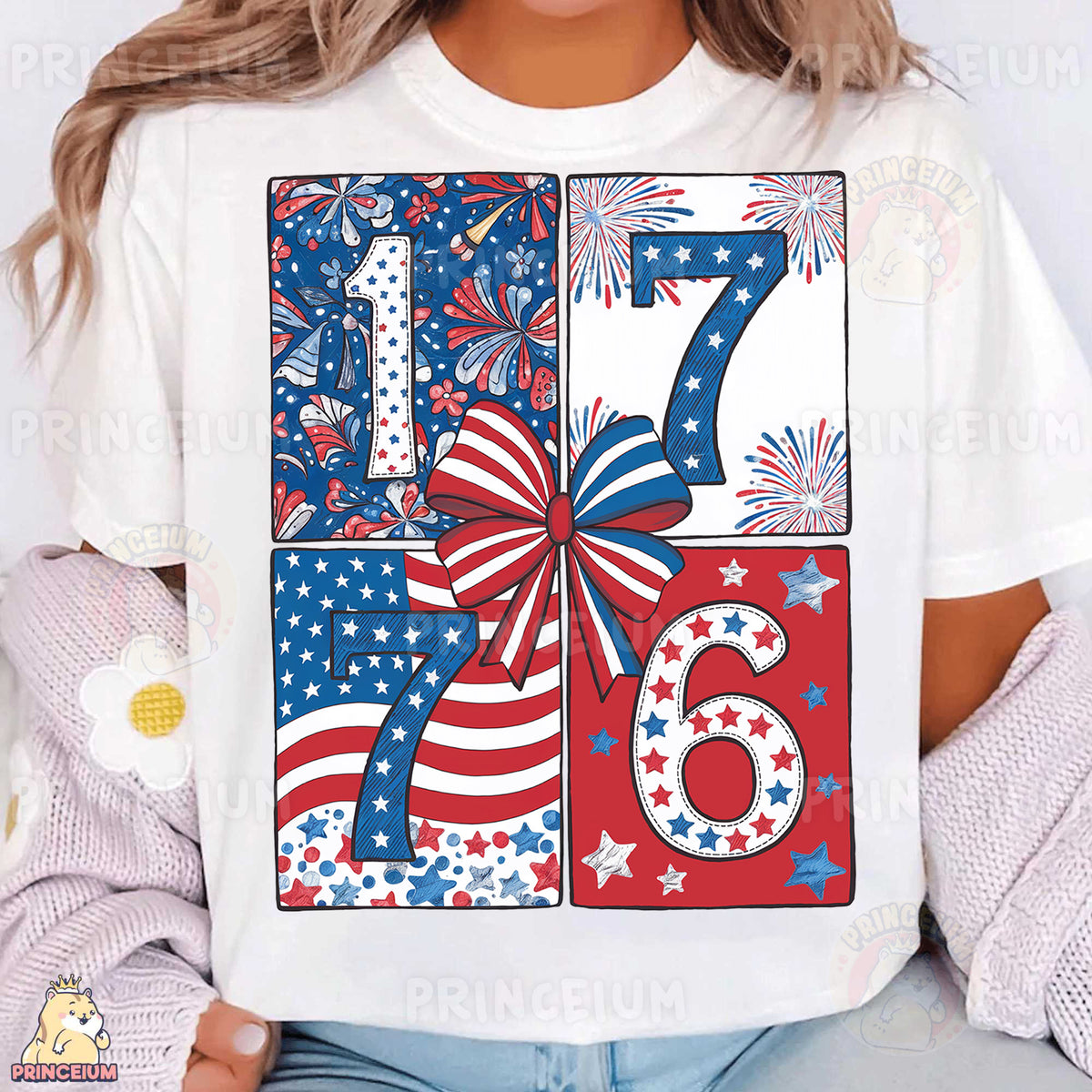 a woman wearing a fourth of july t - shirt