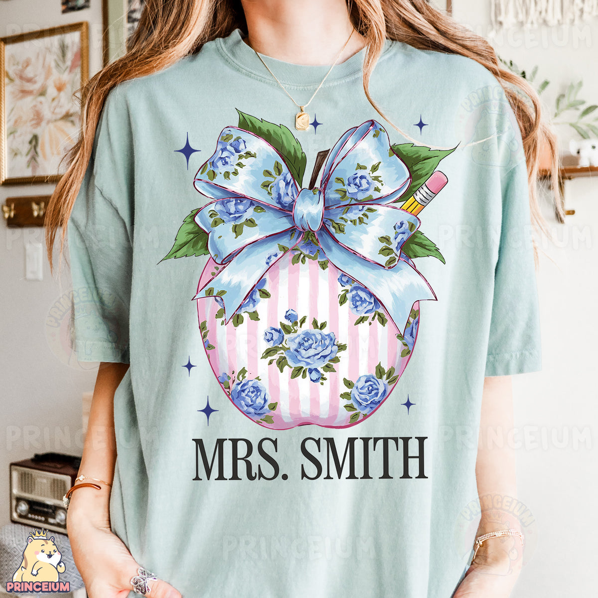 a woman wearing a t - shirt with a bow on it
