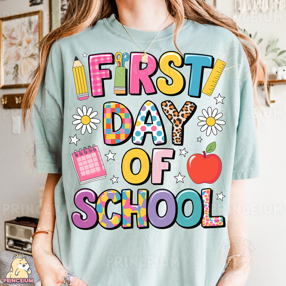 a woman wearing a t - shirt that says first day of school