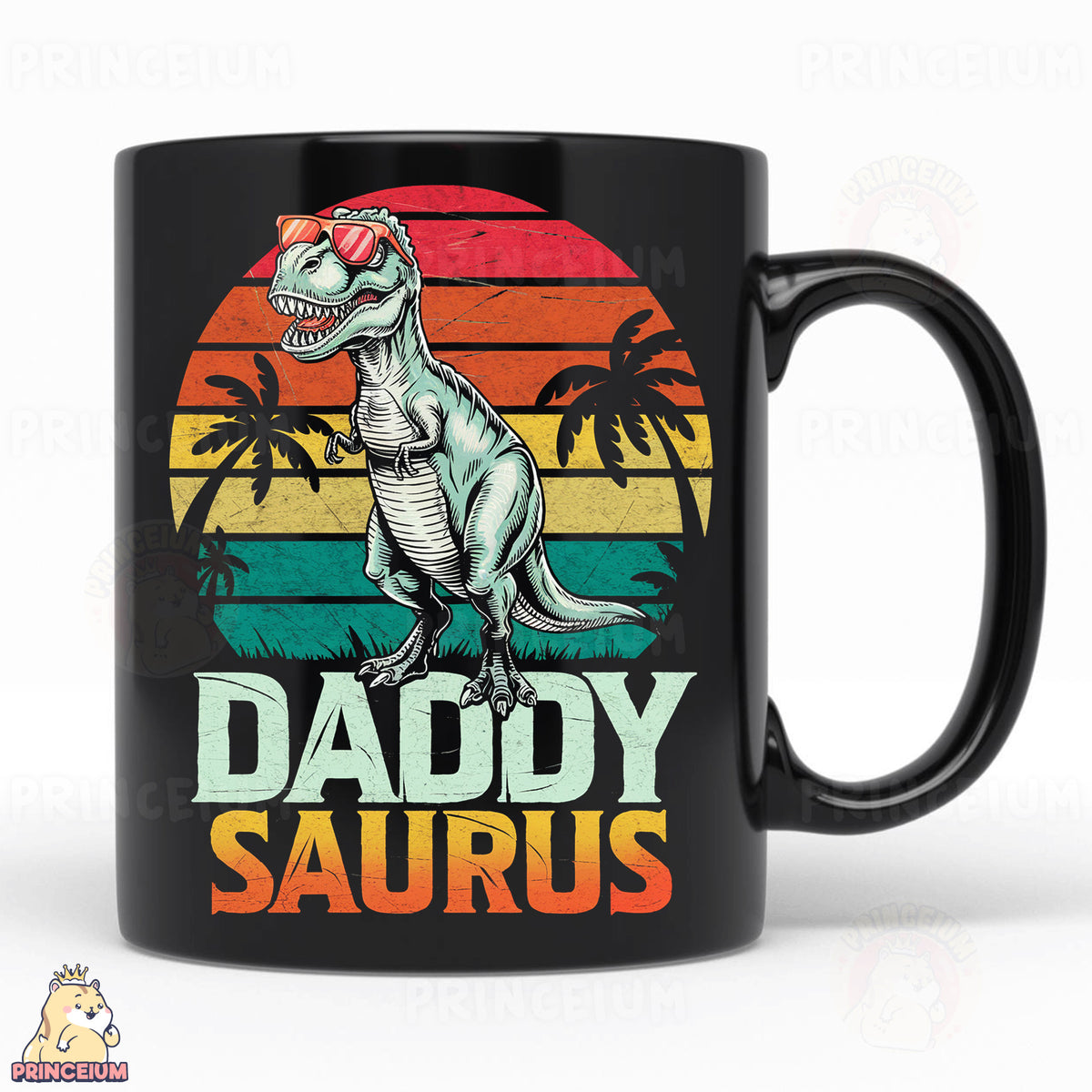 a black coffee mug with the words daddy saurus on it