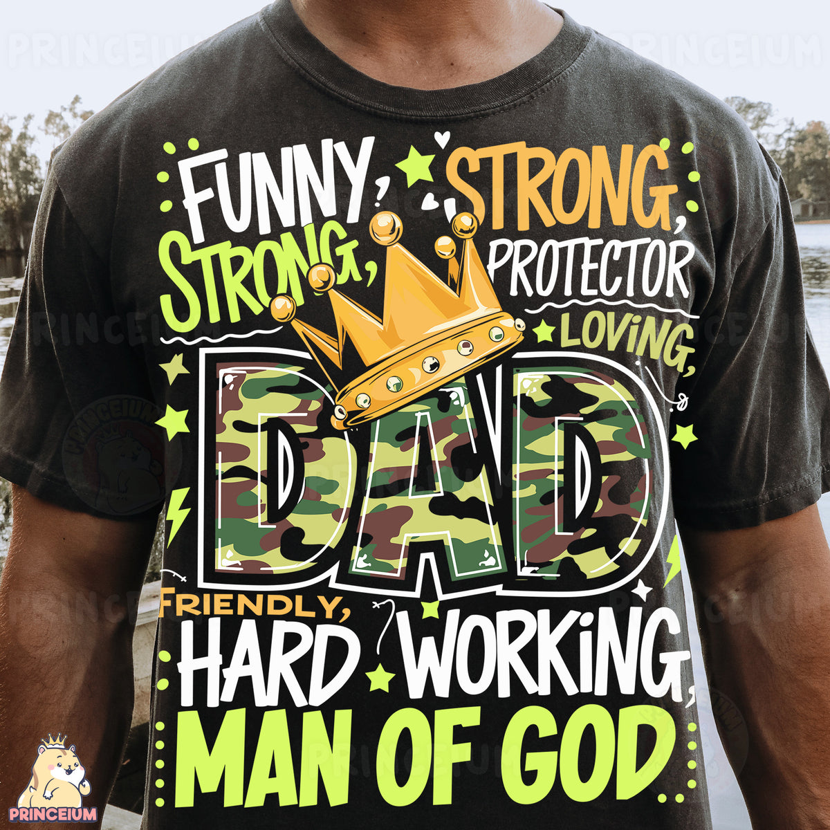 a man wearing a funny t - shirt with a crown on it
