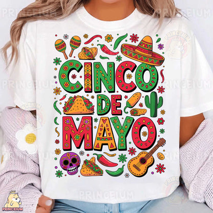 a woman wearing a white cinco de mayo t - shirt