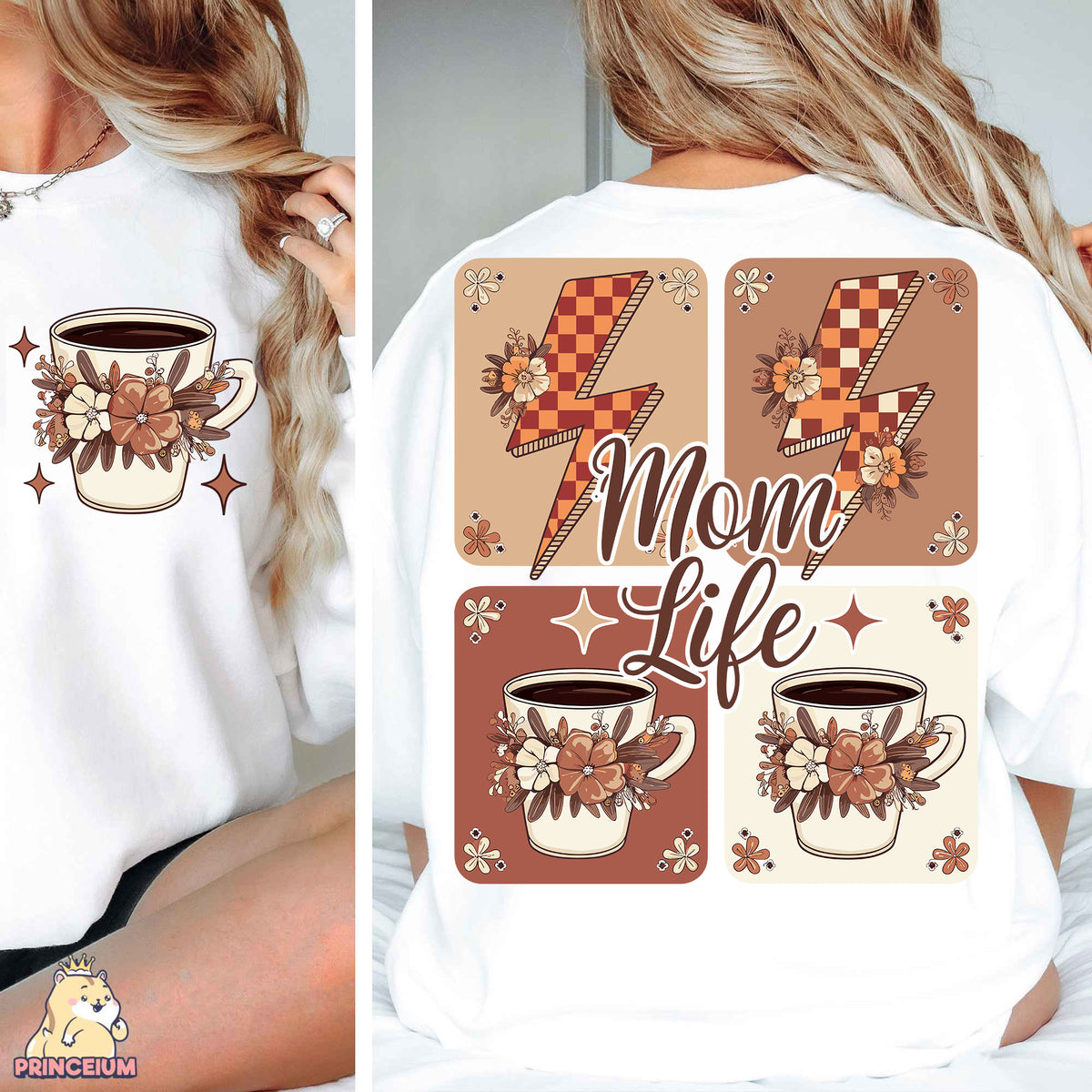 a woman wearing a mom life t - shirt while sitting on a bed