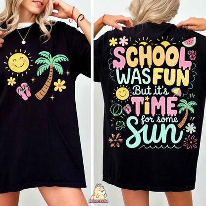 a woman wearing a black shirt that says school was fun but it's time