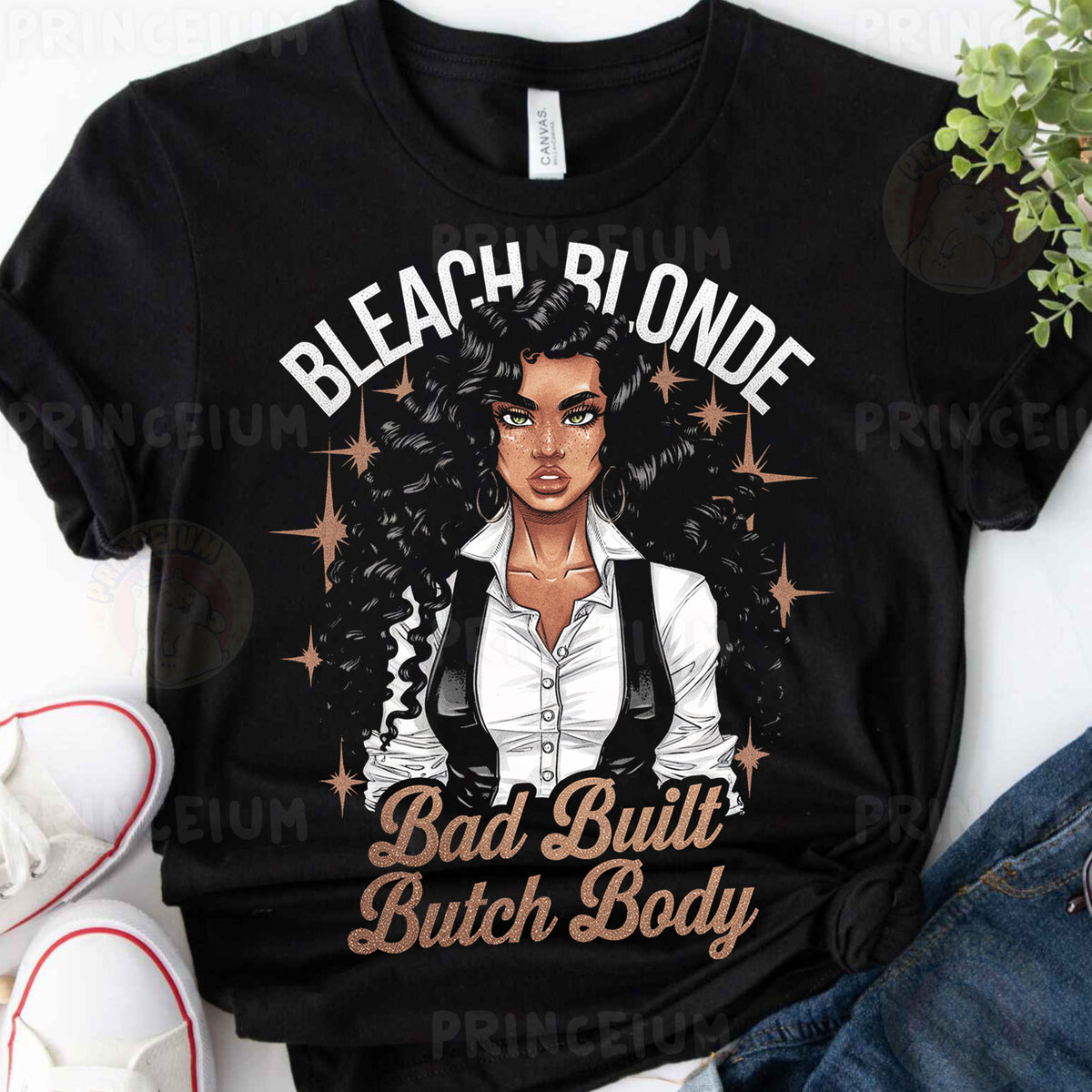 a black shirt with a picture of a woman wearing a white shirt