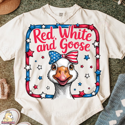 a red, white and goose t - shirt with a picture of a bald eagle