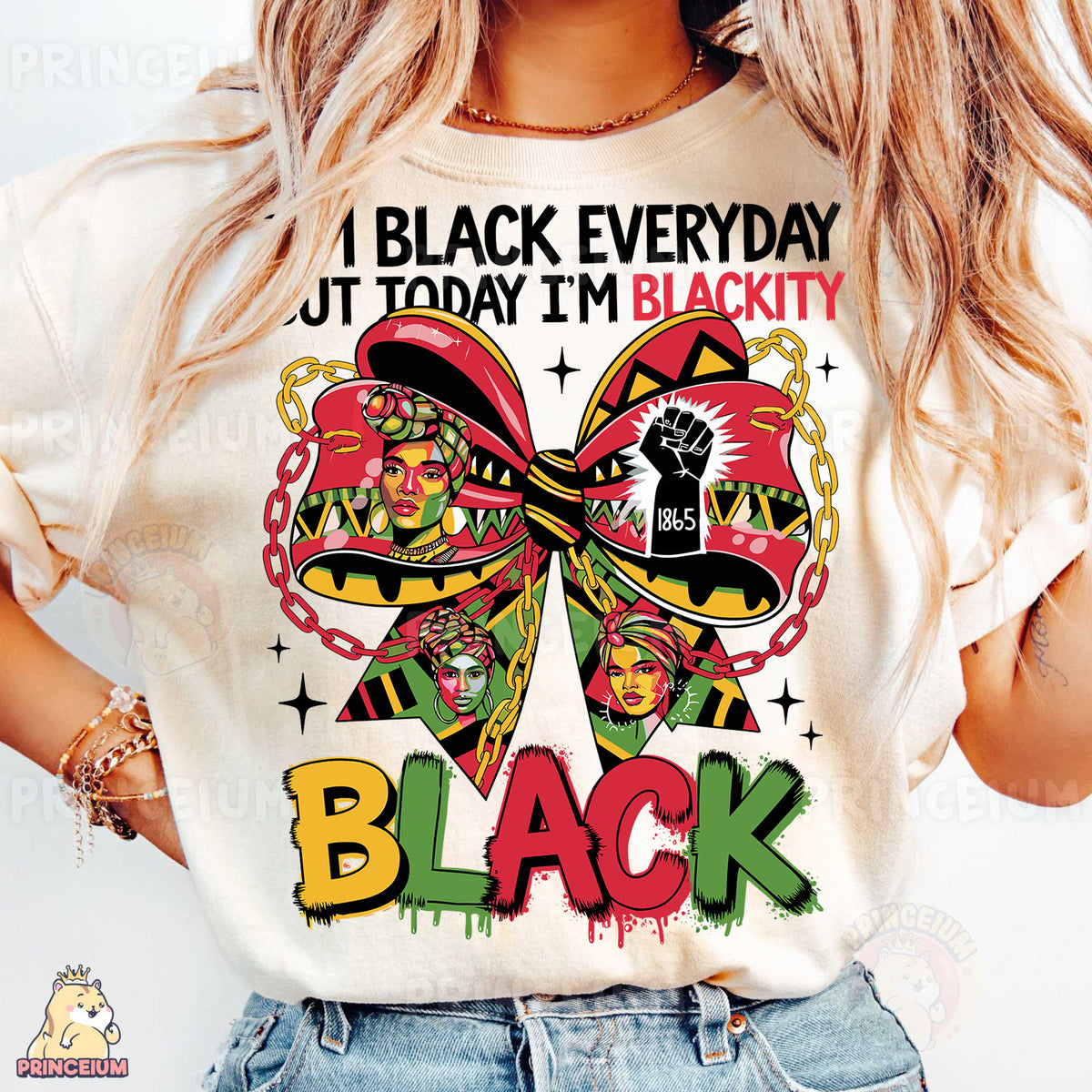 a woman wearing a t - shirt with a bow on it