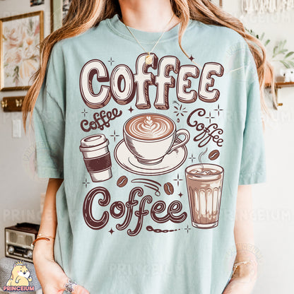a woman wearing a t - shirt that says coffee