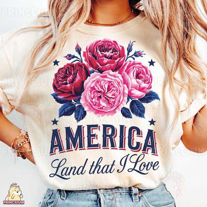 a woman wearing a america land that i love t - shirt