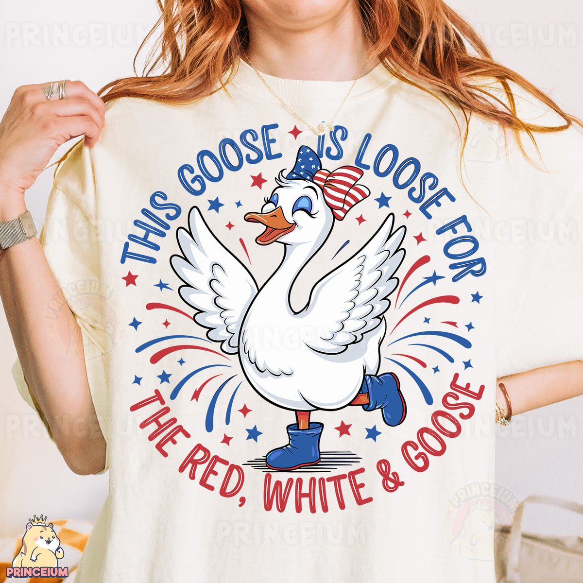 a woman wearing a t - shirt that says goose is loose for the red,