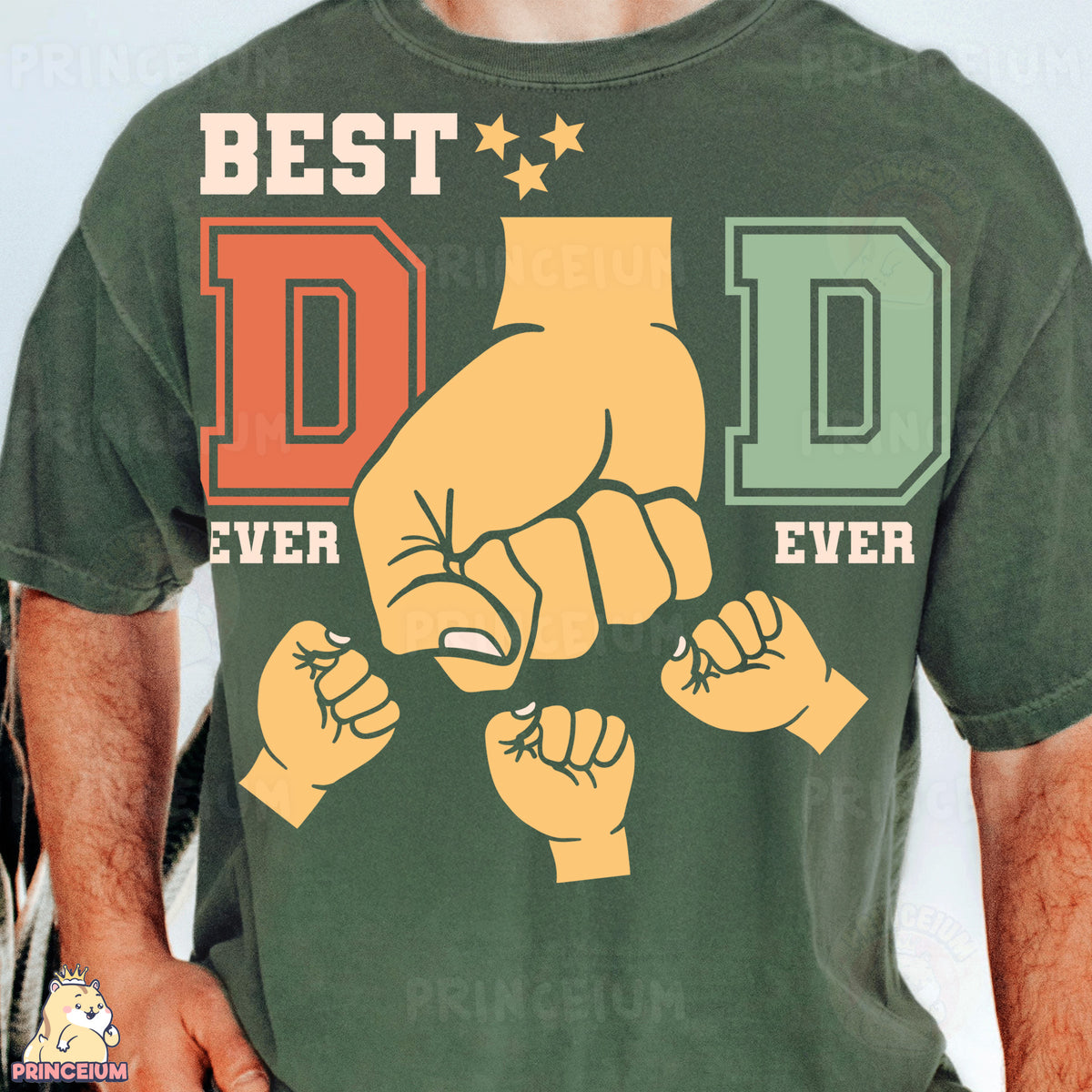 a man wearing a green t - shirt that says best dad ever