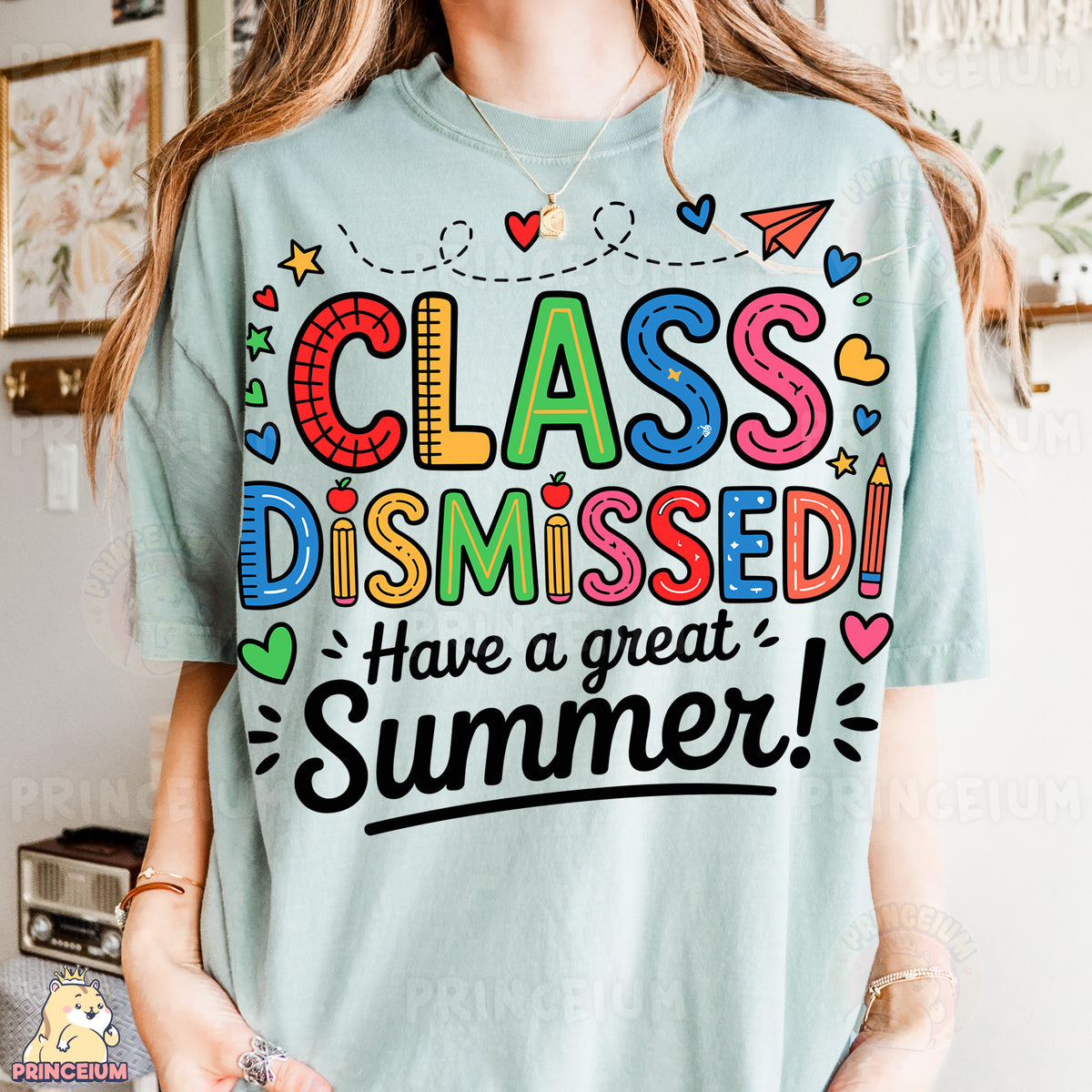 a woman wearing a class dismassed t - shirt