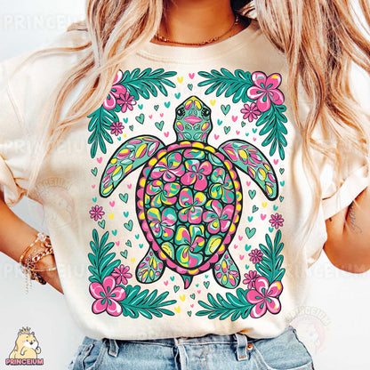 a woman wearing a t - shirt with a turtle on it