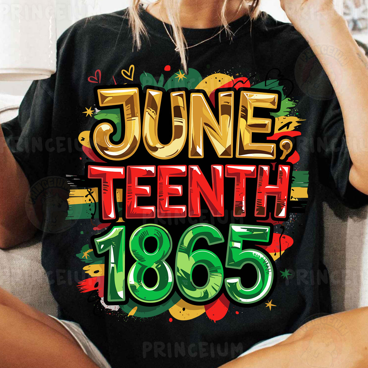 a woman sitting on a couch wearing a t - shirt with the words june tenth