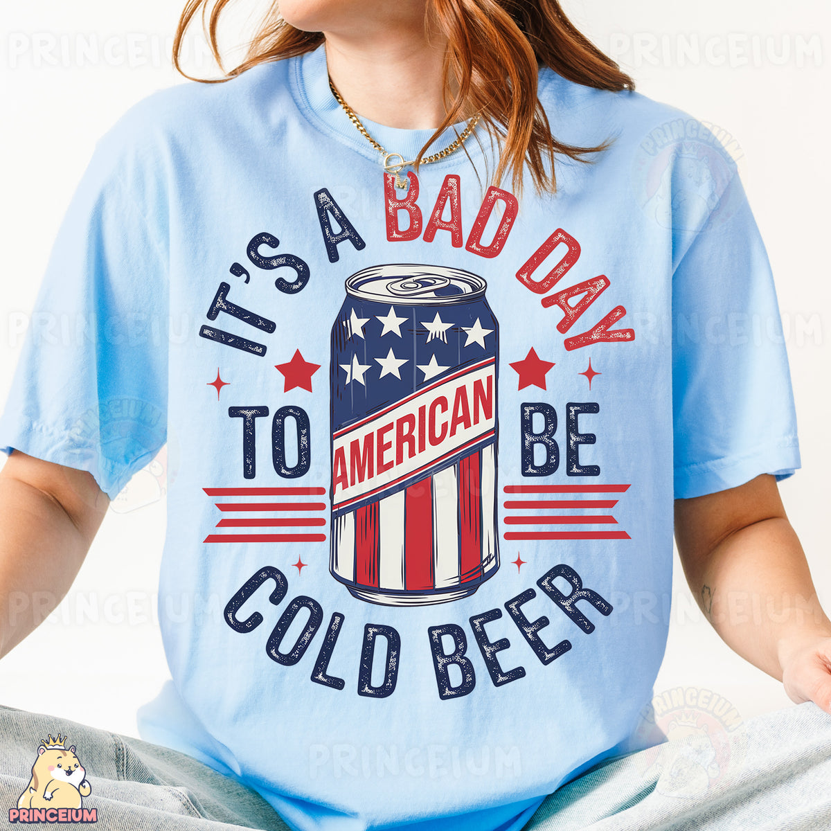a woman wearing a blue shirt with a can of beer on it