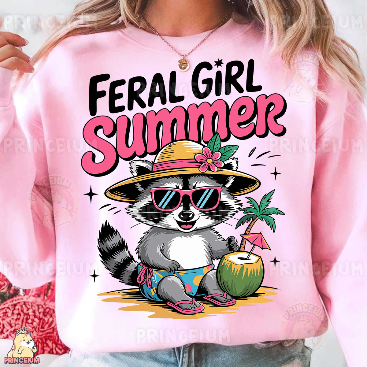 a woman wearing a pink shirt with a raccoon wearing a hat and sunglasses