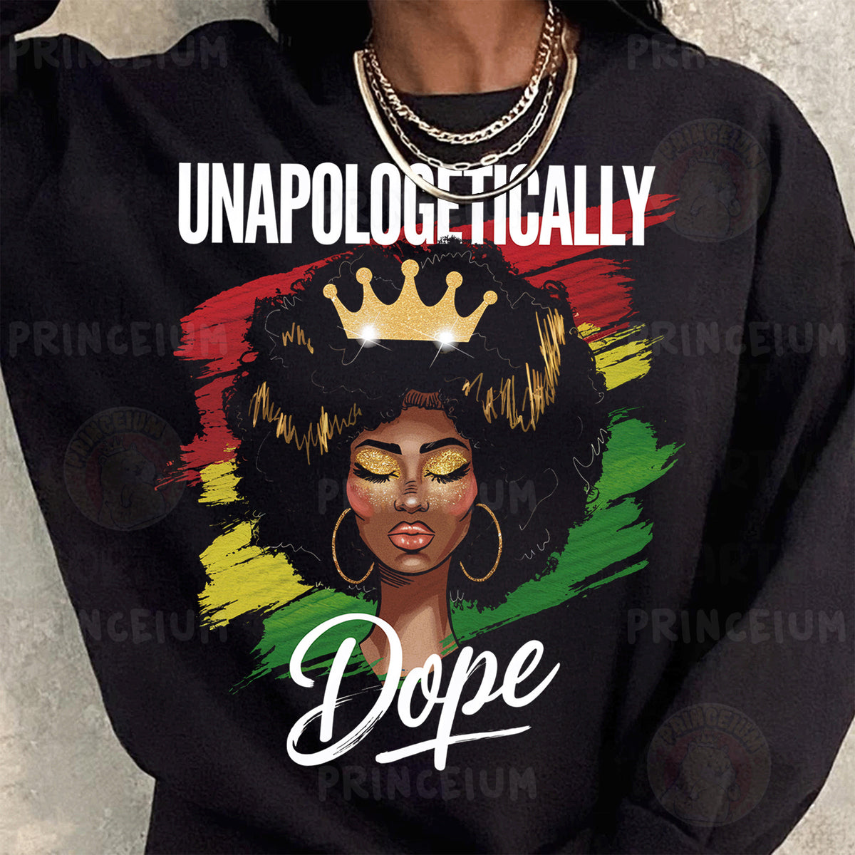 a woman wearing a black sweatshirt with a crown on her head