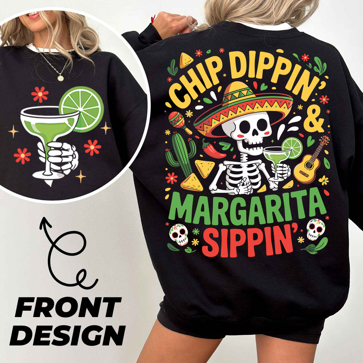a woman wearing a black sweatshirt with a skeleton wearing a sombrero and a